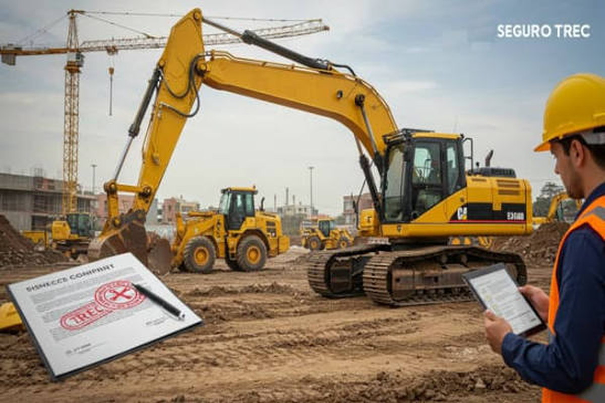 Excavadora en obra con supervisor revisando la póliza